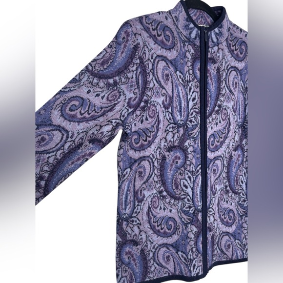 Pendleton Petite Women Sweater Purple Paisley Merino Wool Mock Neck Full Zip M - Picture 2 of 11